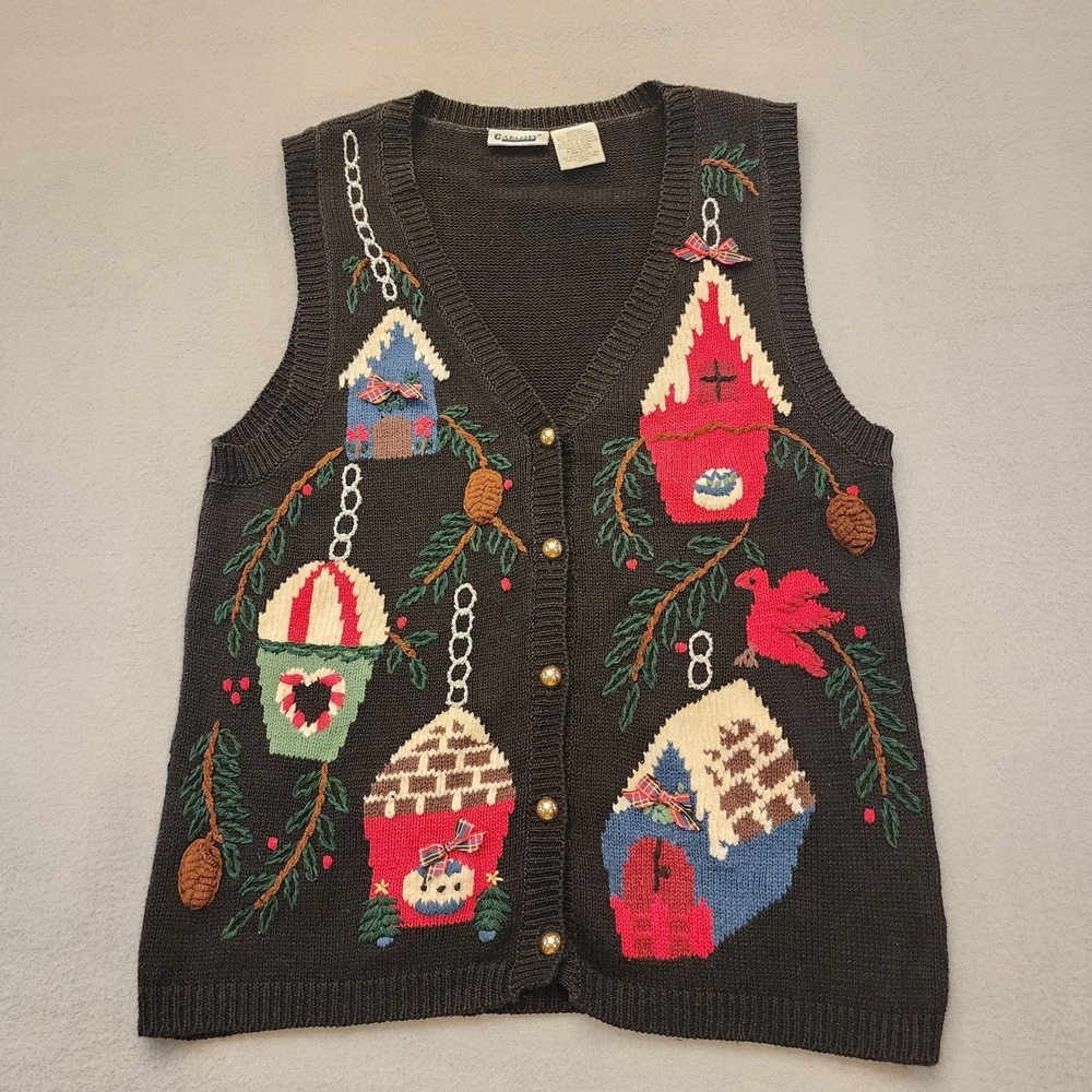 Vintage Capacity‎ Birdhouse Sweater Vest Womens M Cardinal Cottagecore USA